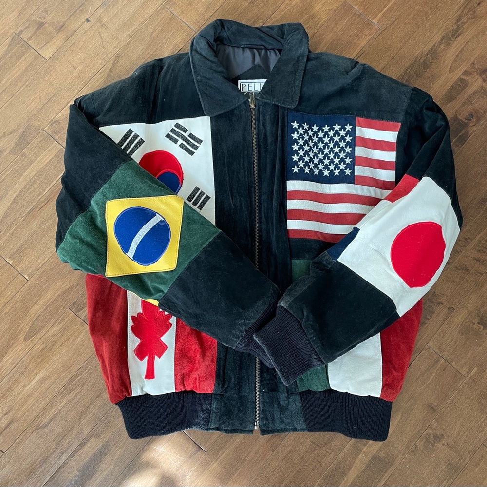 Vintage Leather bomber jacket with world flags